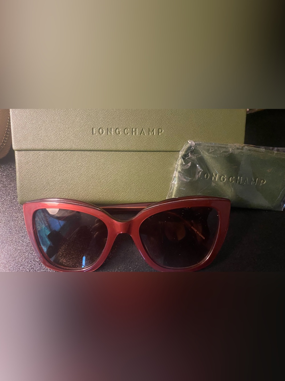 Longchamp Women's Red (Reddish Maroon) Cat Eye Sunglasses French Luxury
